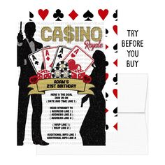 a card with the words casino royale on it and two people standing next to each other