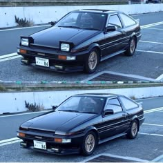 two pictures of a black car parked in a parking lot