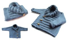 several pictures of sweaters and hats made from knitting yarn, including one with buttons