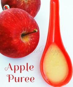 an apple and spoon with the words apple pure on it next to two red apples