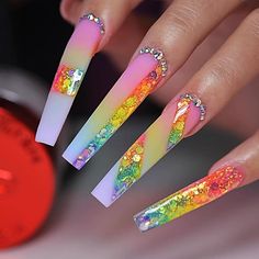 All Nail Shapes, Acrylic And Gel Nails, Dan Pena, Rainbow Nails Design, Rainbow Nail, Trendy Nail Designs, Spring Acrylic Nails, Spring Nail Trends, Colorful Nails