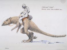 a drawing of a man riding on the back of a dinosaur