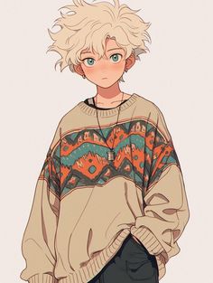 an anime character with blonde hair and blue eyes wearing a sweater that has geometric designs on it