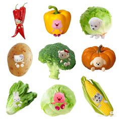 an assortment of fruits and vegetables on a white background, including broccoli, cauliflower, corn, carrots, peppers, and other items