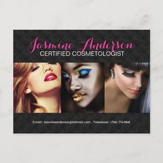 a business card with three different women's faces and the words certified cosmetologist