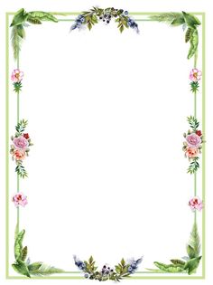 a square frame with flowers and leaves on the edges is shown in green, white and pink