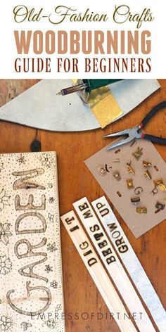 an old fashion crafts woodburning guide for beginners is displayed on a table