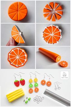 orange slices are being cut into pieces with scissors and other items to make them look like fruit