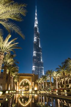 the burj tower is lit up at night with palm trees and water in front