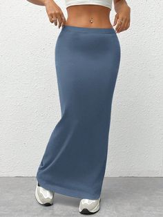 Women'S Black Knit Tight-Fit Knee-Length Skirt Dusty Blue Casual   Knitted Fabric Plain Pencil Slight Stretch  Women Clothing, size features are:Bust: ,Length: ,Sleeve Length: Breast Tape Lift, Irregular Hem, Slim Fit Top, Black Midi Skirt, Knee Length Skirt, Knit Skirt, Black Knit, Long Skirt, All Fashion