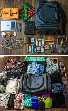 the contents of a bag are laid out on the floor and ready to be packed