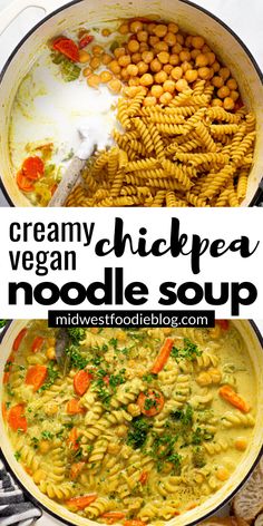 creamy vegan chickpea noodle soup in a pot