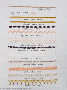 some different types of stitching on a piece of paper with words written in it