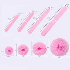 three pink tissue pom poms are shown with measurements for each item in the image