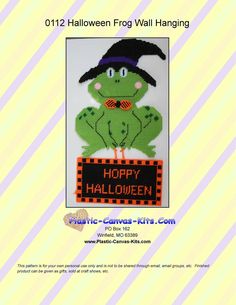 a cross stitch pattern for a happy halloween frog with a sign that says happy halloween