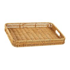 an empty wicker tray with handles on a white background