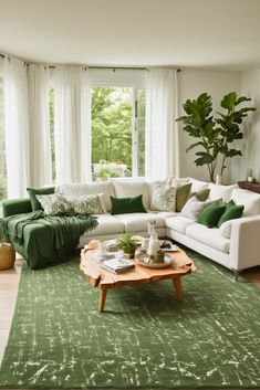 a living room filled with furniture and a green rug