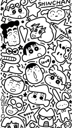 a black and white drawing of many different faces