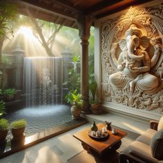 a living room filled with furniture and a statue on the wall next to a waterfall