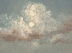 an oil painting of clouds in the sky with a sun shining through one cloud and two sheep grazing on the other