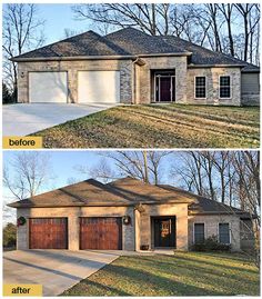 before and after photos of a house in the middle of winter, with two garages on each side