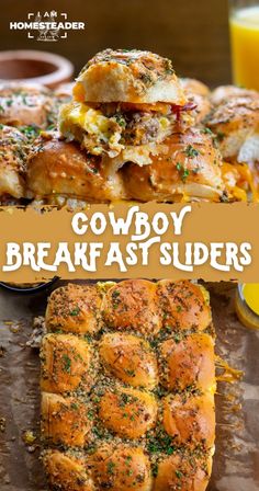 cowboy breakfast sliders with bacon, cheese and ranch dressing on them are the perfect appetizer for any party