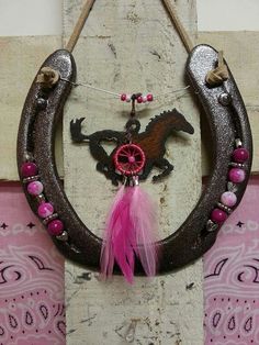 an old horseshoe with a pink feather hanging from it's side on a wall