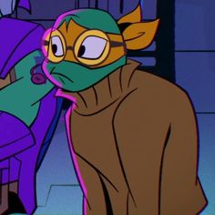 an animated character in a purple and green outfit looking at another character wearing a mask