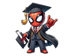 a cartoon character dressed in a graduation gown and holding a book with his hands up