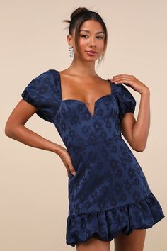 Get ready to charm your way into everyone's hearts in the Lulus Exceedingly Delightful Navy Blue Jacquard Puff Sleeve Mini Dress! Lightweight woven fabric boasts a floral jacquard throughout as it shapes short puff sleeves with elastic at the shoulders and cuffs. Bodice has a sweetheart neckline with a notched detail and hidden supportive V-bar. Turn around to reveal a flirty lace-up panel at the back, perfect for catching your crush's eye. Fitted waist tops a figure-skimming, A-line skirt that Rehearsal Dinner Guest Outfits, Short Wedding Guest Dresses, Casual Wedding Guest Dresses, Casual Formal Dresses, Puff Sleeve Mini Dress, Dinner Guest, Lulu Fashion, Casual Wedding Dress, Floral Jacquard