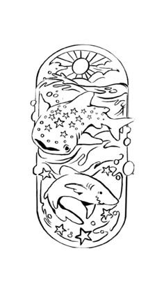 a black and white drawing of dolphins in a jar with stars on the bottom,