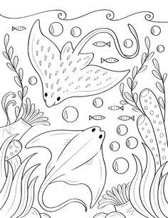 an underwater scene with fish, plants and bubbles in black and white coloring book page