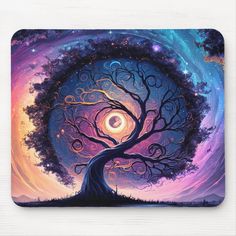 a painting of a tree in the middle of a night sky with stars on it