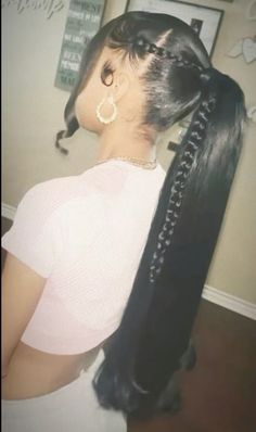 Maniquin Head Hairstyle, 2 Braid Hairstyles For Black Women, Half Up Half Down With 2 Ponytails, Ponytail Quickweave Hairstyles, Hair Styles Long Straight Hair, Quick Weave Hairstyles Ponytail, Half Up Half Down Hair 2 Ponytails, Two Bangs With Ponytail, Two Curly Ponytails With Weave