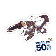 a sticker with an image of a cat holding a knife and the text buy 10 get 50 % off