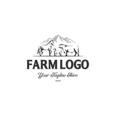 farm logo with horses and mountains in the background, suitable for use on various businesses