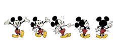 four mickey mouses are standing in a row and one is pointing to the left