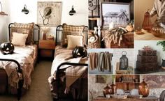 a collage of photos with antique furniture and decor in it's display area