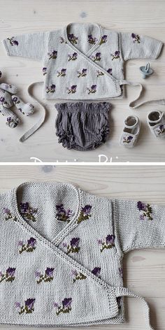 two knitted baby sweaters with purple flowers on them