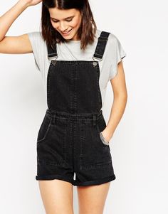 ASOS Denim Roll Hem Dungaree Short In Washed Black Overall Shorts Outfit, Affordable Clothing Brands, Black Denim Overalls, Dungarees Shorts, Moda Jeans, Modest Clothing