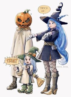 two cartoon characters dressed up as witches and pumpkins