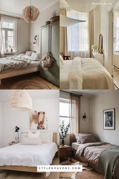 four different pictures of a bedroom with white walls