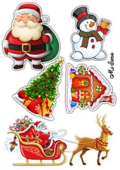 christmas stickers with santa claus, snowman and sleigh on white background