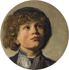 a painting of a young boy with curly hair wearing a hat and looking to the side