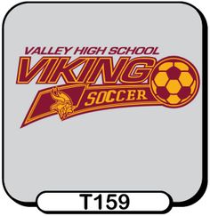 the valley high school viking soccer logo is shown in red and gold on a gray background