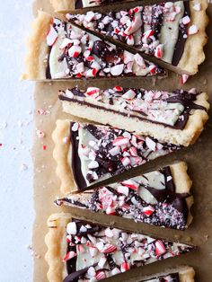 several pieces of chocolate peppermink tart on top of each other