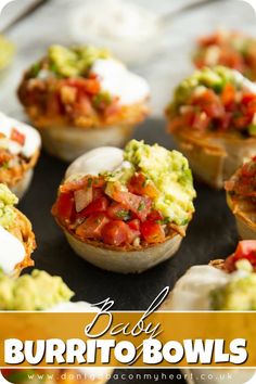 mini burrito bowls with guacamole and salsa