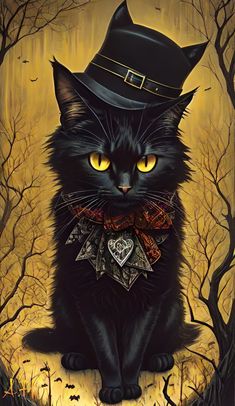 a painting of a black cat wearing a top hat