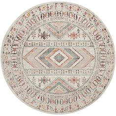 a round rug with an abstract design on the center and sides in grey, pink, orange