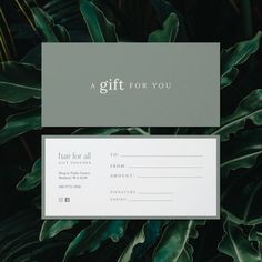 a gift card sitting on top of a green plant